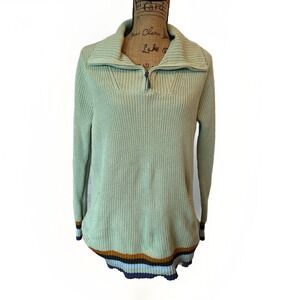 D&Co‎ Active Womens Sage Green Shaker Stitch Quarter Zip Striped Sweater Large